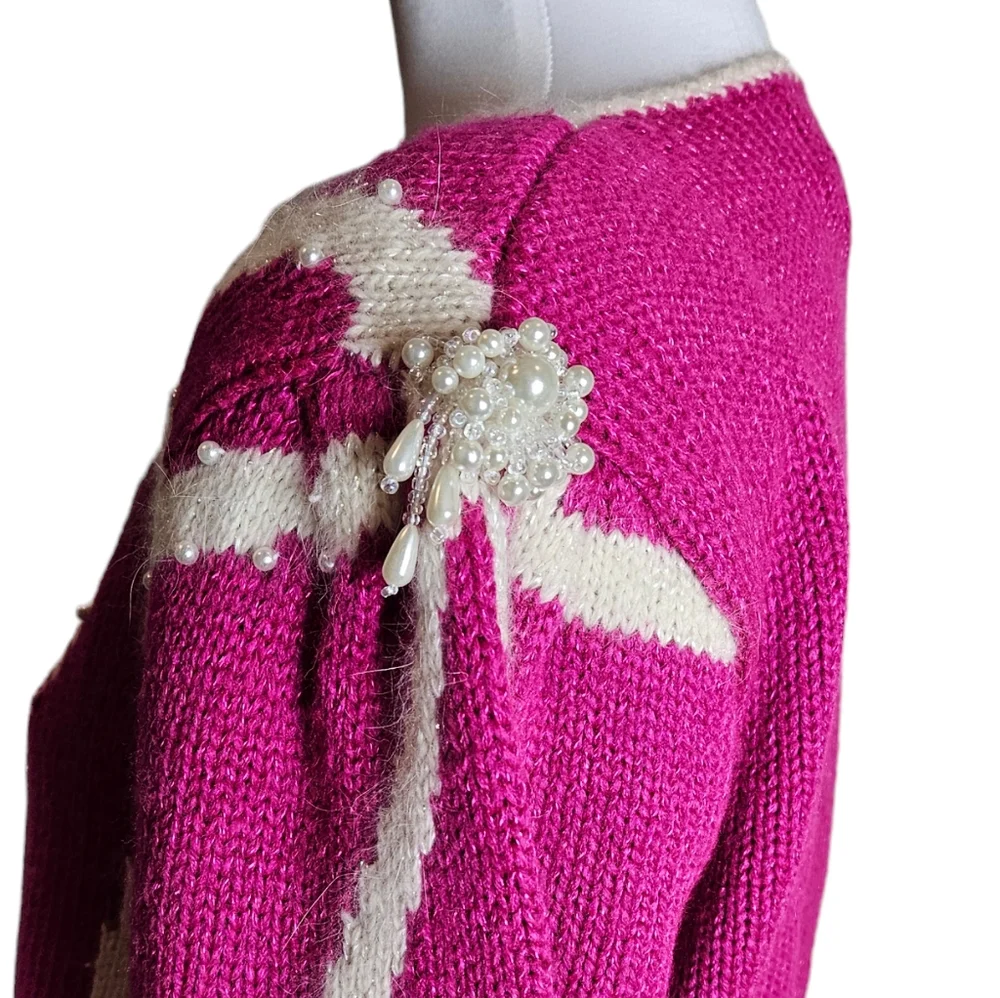 Vintage Jaclyn Smith Hot Pink White Bow Sweater Sz L Pearl Bead Granny Coquette - Picture 4 of 16